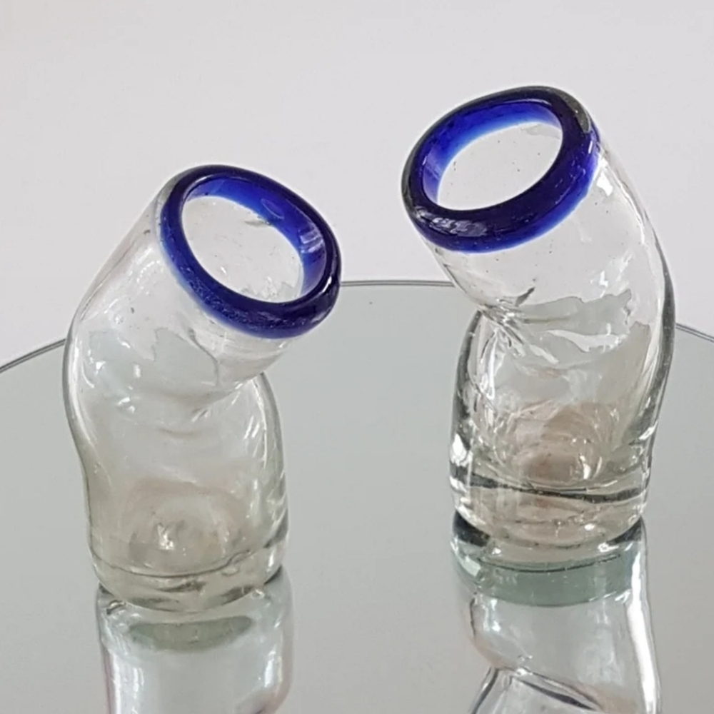 Mexican Blue Rim Bent Blown Glass 2oz Tequila Shot Glasses